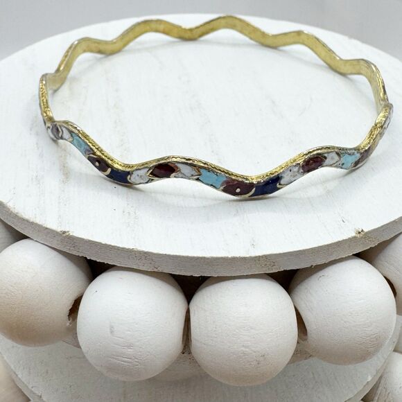 Vintage Enamel Bangle Bracelet Wavy Design Red Blue White Bohemian - Picture 6 of 9
